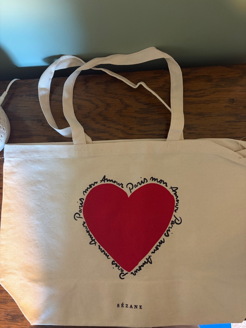 Sézane Mon Amour Paris Cream Canvas Tote with Red Heart